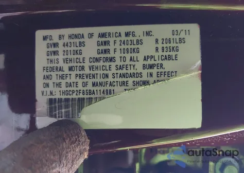 2011 Honda Accord 2.4 Ex-L z USA, uszkodzony, nr VIN 1HGCP2F85BA114981